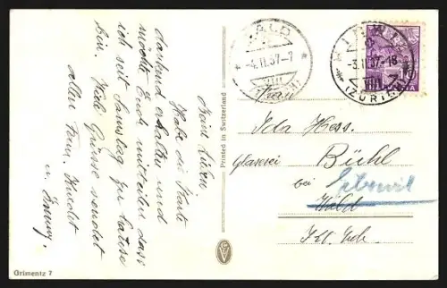 Künstler-AK Grimentz, Steingebäude mit Heuspeicher-Überbau, Ortspartie