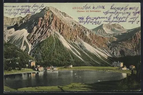 AK Arosa, Obersee mit Schiesshorn, Ortspartie