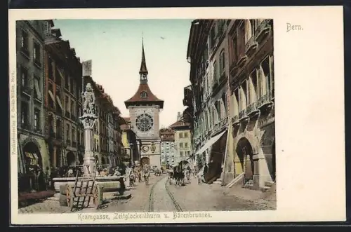 AK Bern, Kramgasse, Zeitglockenthurm und Bärenbrunnen