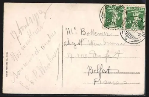 AK Flüelen, Totalansicht mit Uferpartie u. See