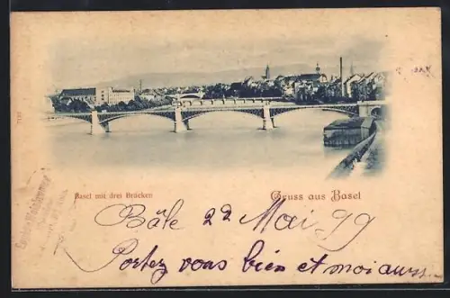 AK Basel, Stadtansicht mit drei Brücken