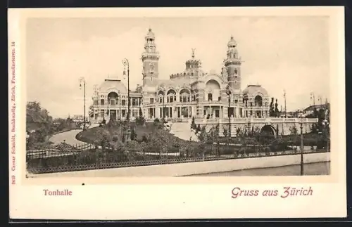 AK Zürich, Tonhalle mit Anlage u. Einfahrt
