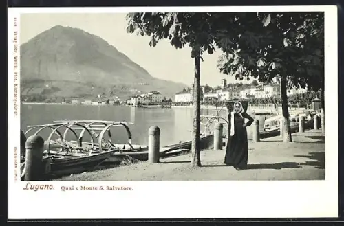 AK Lugano, Quai e Monte S. Salvatore, Frau mit Lasten auf dem Rücken