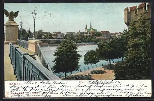 AK Basel, Pfalz, Stadtpanorama von einer Brücke aus, Turm mit Zinnen