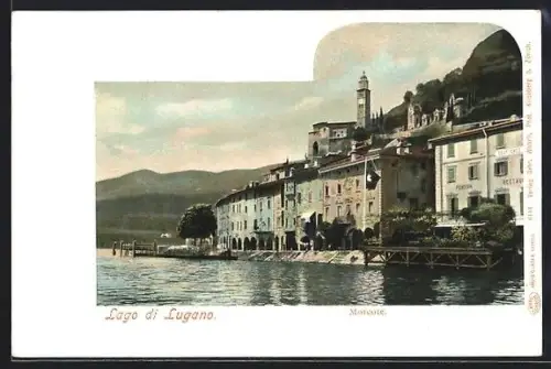 AK Morcote /Lago di Lugano, Ortspanorama mit Pension-Restaurant u. Turmgebäude