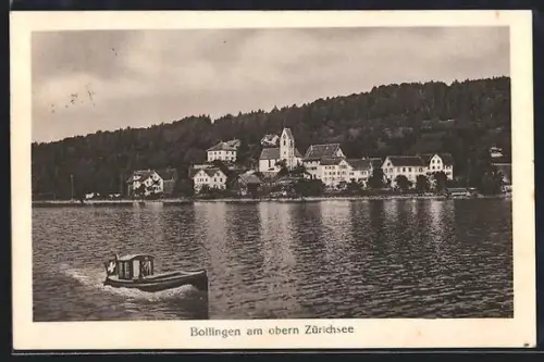 AK Bollingen am ob. Zürichsee, Ortspanorama vom Wasser aus, Boot