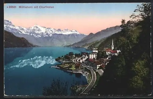 AK Mühlehorn, Ortsansicht mit See und Churfirsten aus der Vogelschau