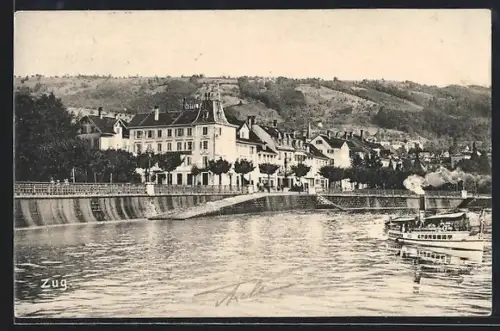 AK Zug, Teilansicht mit Hotel u. Dampfer vom Wasser aus