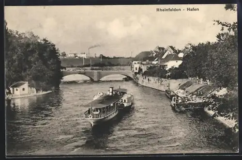AK Rheinfelden, Hafen mit Brücke und Dampfer aus der Vogelschau