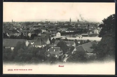 AK Basel, Totalansicht mit Fabrikschlot u. Fernblick aus der Vogelschau