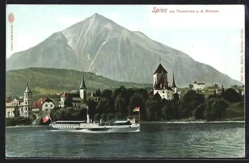 AK Spiez, Blick zum Ort am Thunersee und zum Niesen, Dampfer