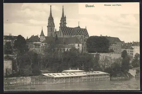 AK Basel, Münster und Pfalz aus der Vogelschau, mit Terrassengebäude am Wasser