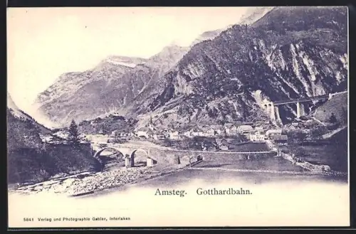 AK Amsteg, Viadukte der Gotthardbahn und Ort aus der Vogelschau