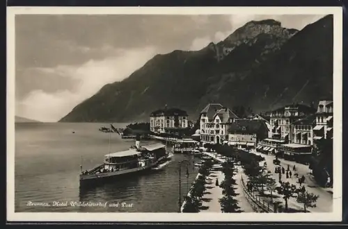 AK Brunnen, Hotel Waldstätterhof und Post mit Uferpromenade u. Dampfer