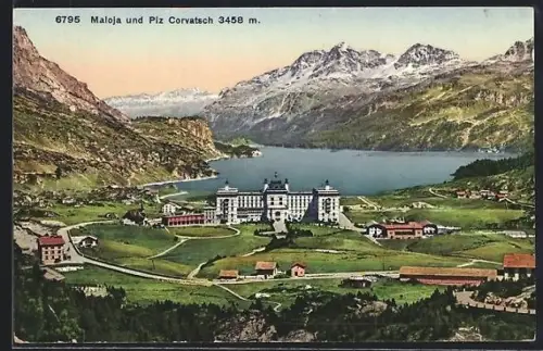 AK Maloja, Ortsansicht mit Piz Corvatsch aus der Vogelschau