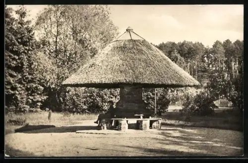 AK Bad Buckow /Märk. Schweiz, Kurpark, Rastplatz mit Reetdachpavillon