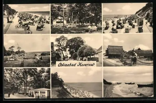 AK Koserow, Strand, Strandkörbe, Fischerboote, Ortsansichten