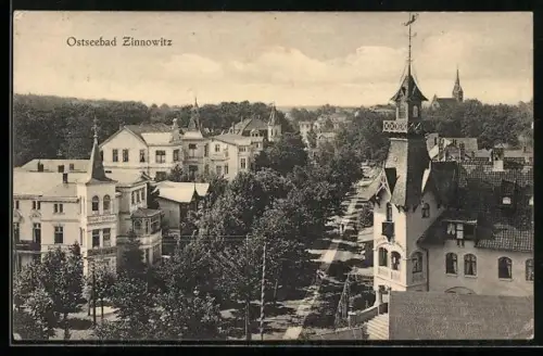 AK Zinnowitz, Ortsansicht mit Villen und Turmgebäude, Hotel Strand-Schloss