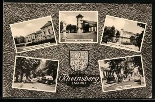 AK Rheinsberg /Mark, Sanatorium Helmut Lehmann, Markt, Strasse der Jugend, Wappen