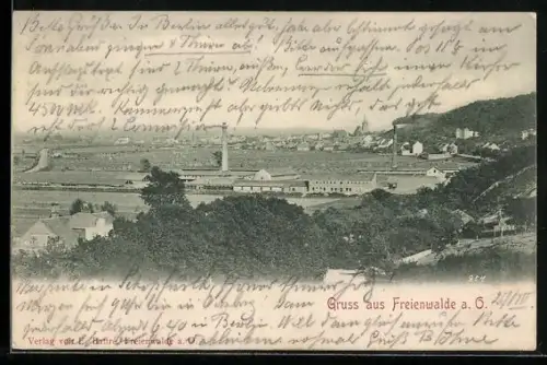 AK Freienwalde a. O., Ortspanorama mit Fabrikanlagen aus der Vogelschau