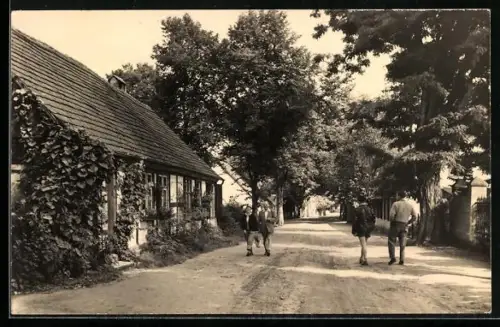 AK Neuglobsow, Dorfstrasse mit Spaziergängern