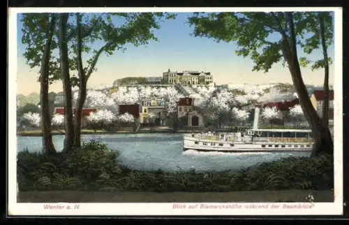 AK Werder a. H., Blick auf Bismarckhöhe während der Baumblüte, Dampfer