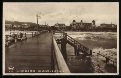 AK Binz, Seebrücke bei Sturm