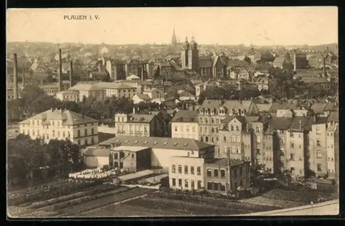 AK Plauen i. V., Ortsansicht mit Wohnhäusern und Kirche