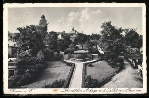 AK Plauen i. V., Lohmühlen-Anlage mit Is. Schmidtbrunnen