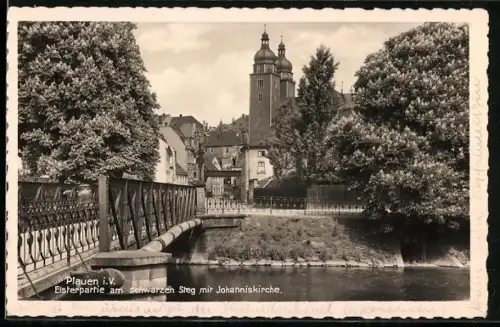 AK Plauen i. V., Elsterpartie am schwarzen Steg, Johanniskirche