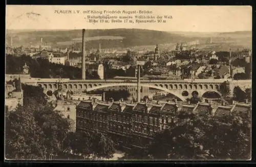 AK Plauen i. V., König Friedrich August-Brücke, Stadtansicht