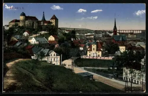 AK Mylau i. V., Ortsansicht mit Viadukt