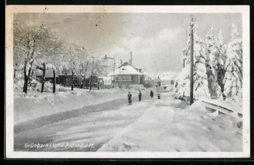 AK Grünbach i. Vgtl., Winterliche Strassenansicht