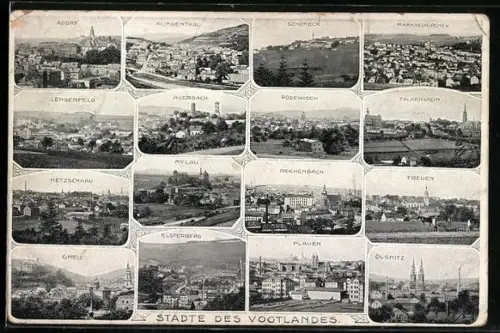 AK Plauen /Vogtland, Ansichten des Vogtlandes mit Mylau, Treuen, Falkenstein, Greiz, Auerbach, Schöneck