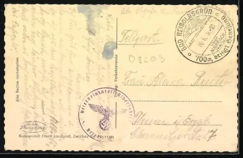 AK Vogelsgrün i. V., Ortsansicht mit Bäumen