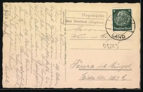 AK Vogelsgrün i. V., Ortsansicht mit Feldern und Hügeln