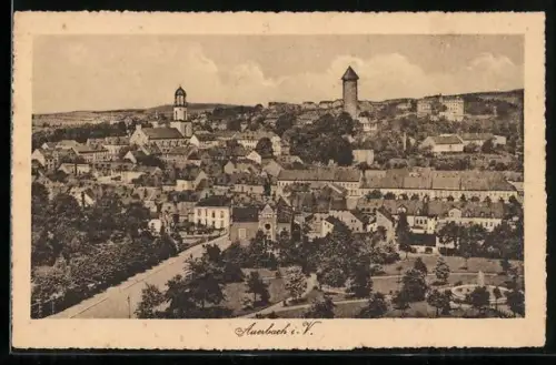AK Auerbach i. V., Ortsansicht mit Turm