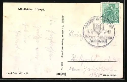 AK Mühlleithen i. Vogtl., Ortsansicht mit Wald