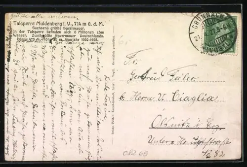 AK Muldenberg i. Vogtl., Stausee mit Motorboot und Überlauf