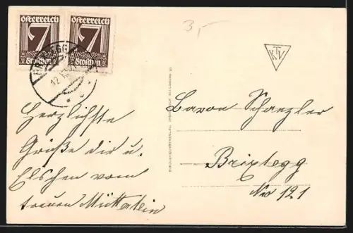 AK Brixlegg i. T., Ortsansicht mit Turm gegen das Rofangebirge