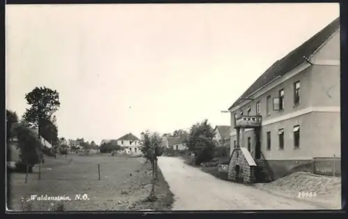 AK Waldenstein /N. Ö., Strassenpartie mit Mehrfamilienhaus und Häuserpanorama