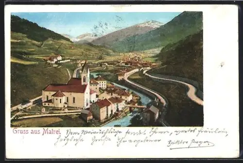 AK Matrei, Ortsansicht mit Kirche u. Brücke aus der Vogelschau