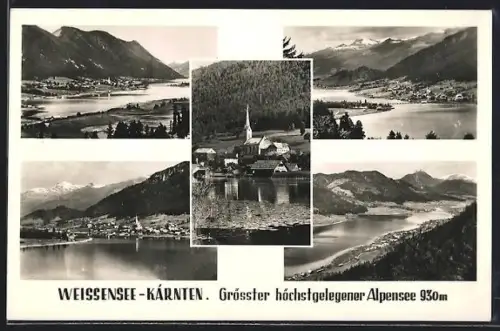 AK Weissensee /Kärnten, Gewässerpartien und Ort, Teilansicht mit Kirche