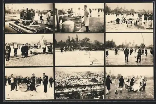 AK Zürich, Zugefrorener Zürichsee 1929, Menschen auf dem Eis