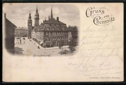 AK Chemnitz, Partie am Hauptmarkt mit Geschäft von O. Beil