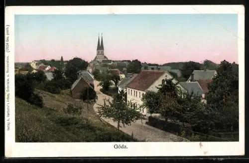 AK Göda, Teilansicht des Ortes mit Kirche