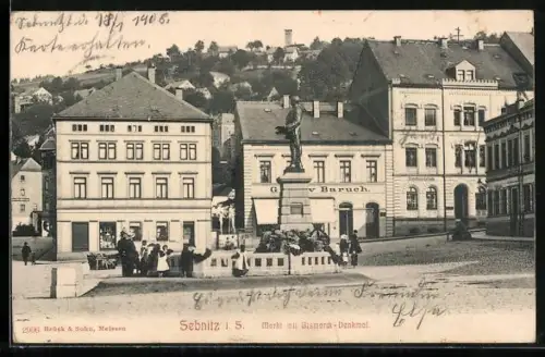 AK Sebnitz i. S., Markt mit Bismarck-Denkmal