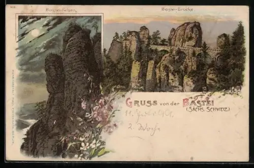Lithographie Bastei, Bastei-Felsen und Bastei-Brücke in der Sächsischen Schweiz