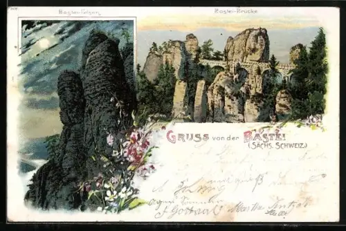Lithographie Bastei, Bastei-Felsen und Bastei-Brücke in der Sächsischen Schweiz