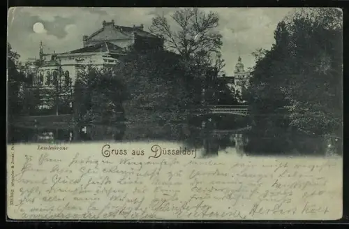Mondschein-AK Düsseldorf, Landeskrone mit Grünanlagen